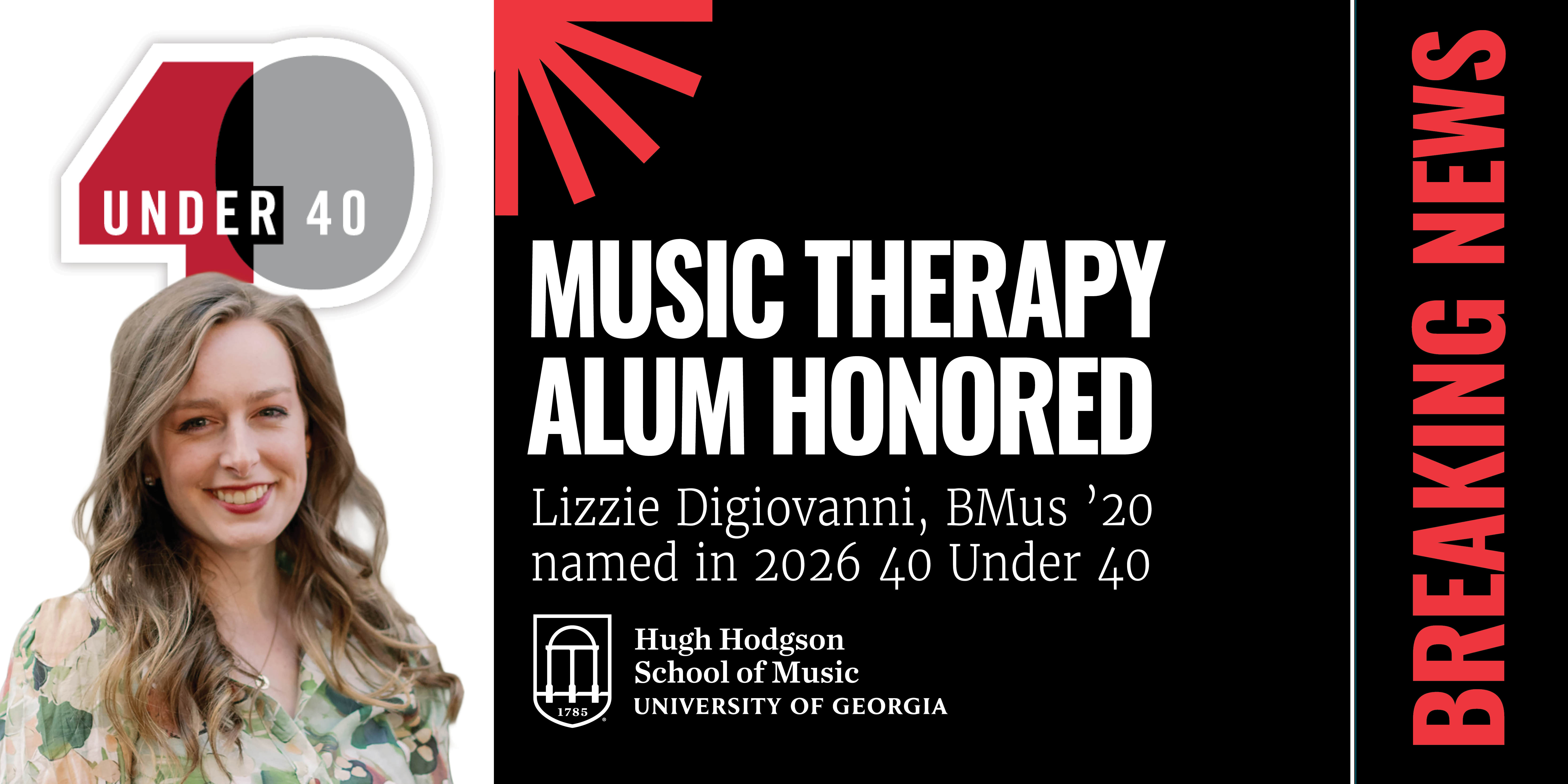 40 Under 40 graphic with photo of Lizzie Digiovanni; white copy over black background mirrored in story.
