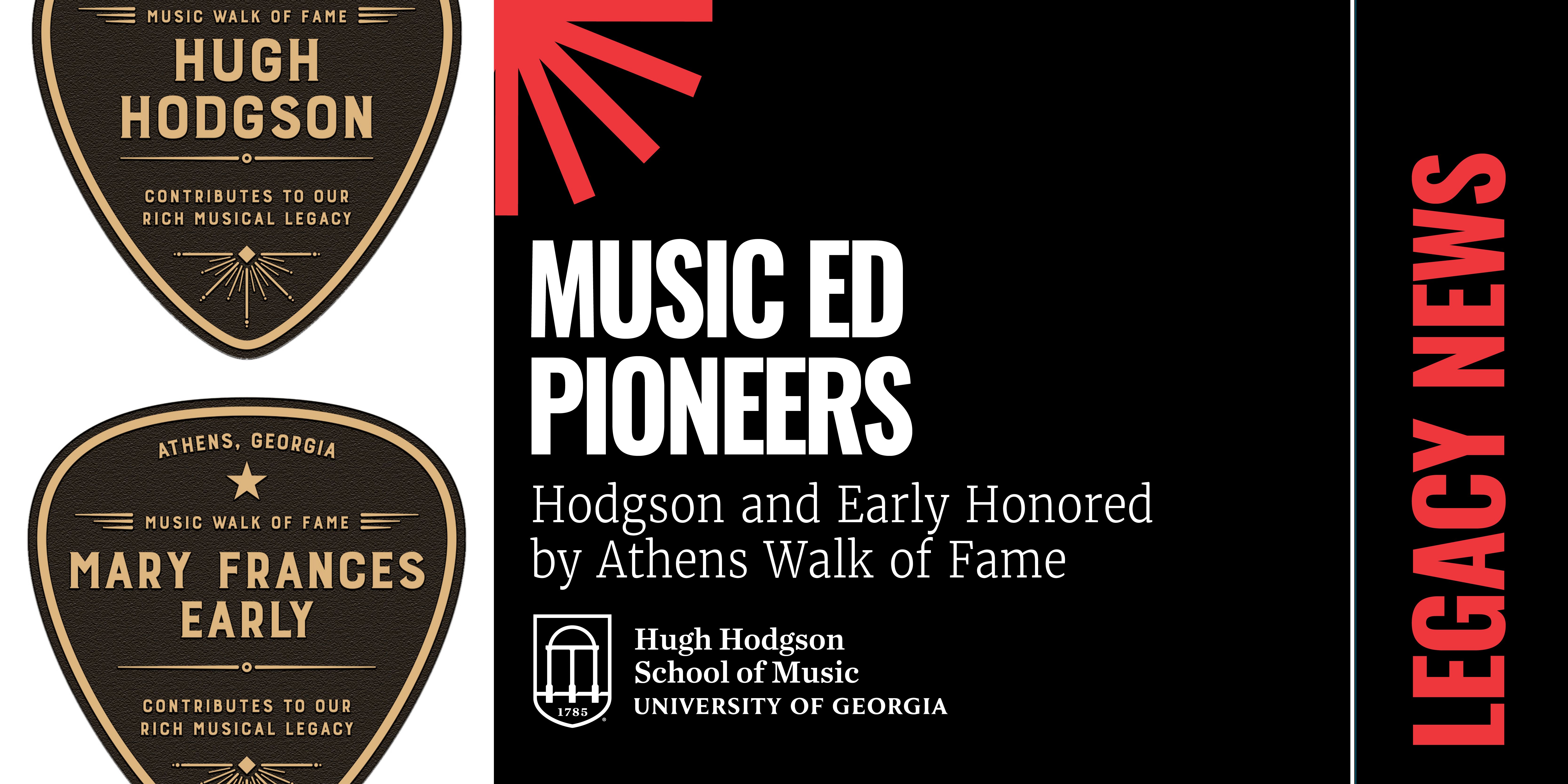 Guitar-pick shaped plaques honoring Hugh Hodgson and Mary Frances Early on the left. Headline duplicated in white lettering over black background. Franklin Spark is present in red.