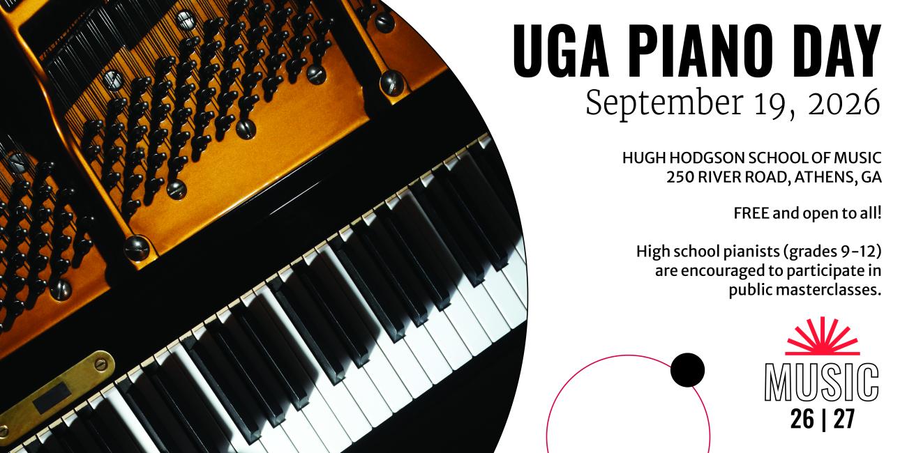 Open grand piano in circle with text on right side that is also below.