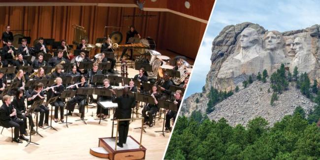 Split image, UGA Wind Ensemble and Mount Rushmore