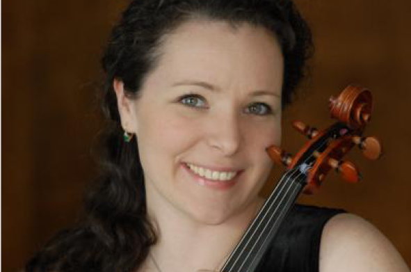 Maggie Snyder, viola in front of a brown background