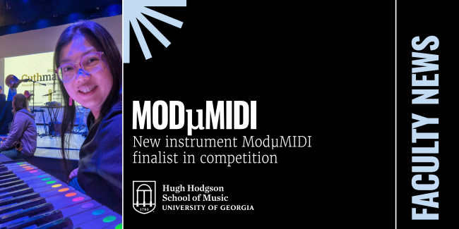 Emily Koh with ModμMIDI instrument at competition, plus text and graphics.
