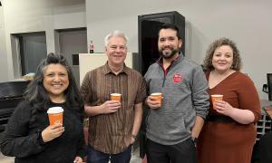 The Cortado Horn Quartet, featuring Anne Marie Cherry (Columbus State University), Lanette Compton (Oklahoma State University), Patrick Hughes (The University of Texas at Austin) and James Naigus (University of Georgia), enjoying a coffee break during the SEHW.
