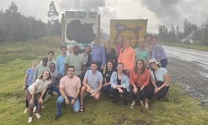 All but one of the complete group of students and faculty from UGA at the equator line in Nairobi, Kenya.
