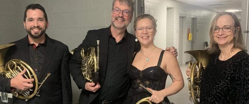 From left: UGA assistant professor of horn James Naigus, guest artists Richard Deane and Victoria Knudtson, and Meigs professor of horn and associate dean in the Franklin College  Jean Martin-Williams before a performance at the Southeast Horn Workshop February 23-25, 2024.