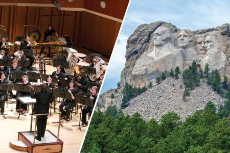 Split image, UGA Wind Ensemble and Mount Rushmore