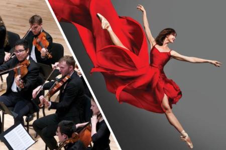 Split image, ARCO Chamber Orchestra and Ballet dancer in red