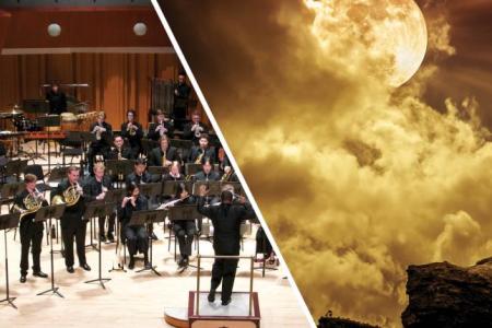 Split image, UGA Wind Ensemble and sepia-toned moon behind clouds over a dark mountain.