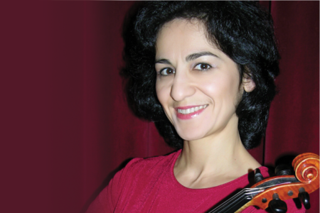 Shakhida Azimkhojaeva, academic professional, violin with a purple curtain background