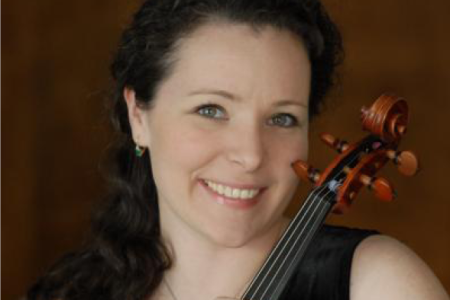 Maggie Snyder, viola in front of a brown background