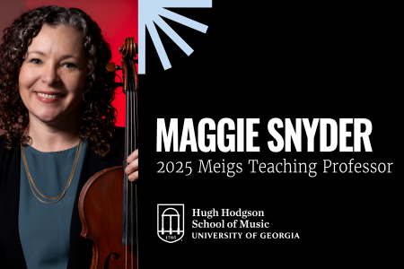 Maggie Snyder with viola, plus text and graphics