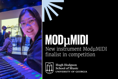 Emily Koh with ModμMIDI instrument at competition, plus text and graphics.