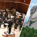 Split image, UGA Wind Ensemble and Mount Rushmore