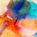 A violin will splashes of watercolor overlayed on it