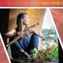 Caroline Halleck sitting with flowers holding a saxophone