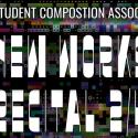 A background decorated with pixels that has the text "UGA Student Composition Association. New Works Recital 2/4"